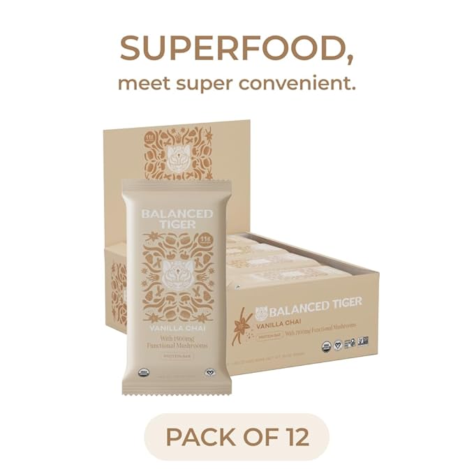 Organic Functional Mushroom Vegan Protein Bars | Made in USA | Full Dose (1500mg) Lions Mane, Chaga, Reishi & Cordyceps Bars | Plant Protein Bars w/Adaptogens & Superfoods | Vanilla Chai Flavor
