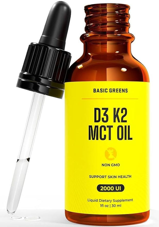 D3+K2 with MCT Oil - High Absorption Liquid Dietary Supplement, Drops for Bone, Heart & Immune Support, Non-GMO, Vegan-Friendly, 1 fl oz