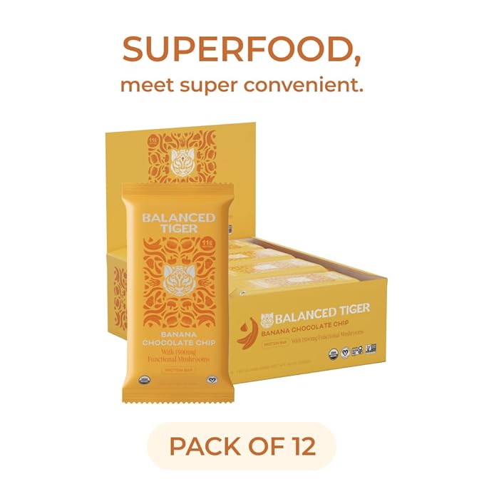 Organic Functional Mushroom Vegan Protein Bars | Made in USA | Full Dose (1500mg) Lions Mane, Chaga, Reishi & Cordyceps Bars | Plant Protein Bars w/ Adaptogens & Superfoods | Banana Chocolate Chip Flavor