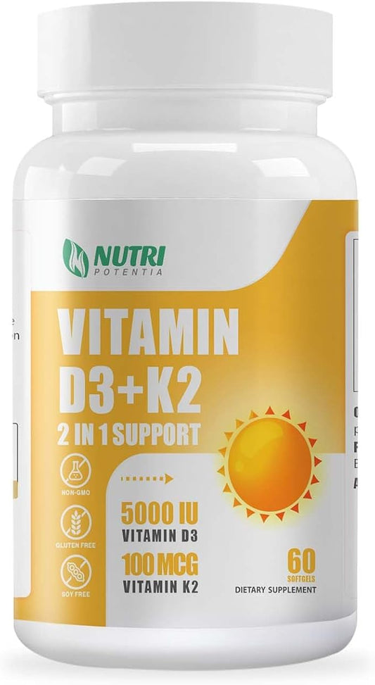 Vitamin D3 K2 with MCT Oil, Vitamin D3 5000 IU and K2 100mcg, Formula 2 in 1 for Bone and Heart Health, Gluten Free - 60 Count Softgels