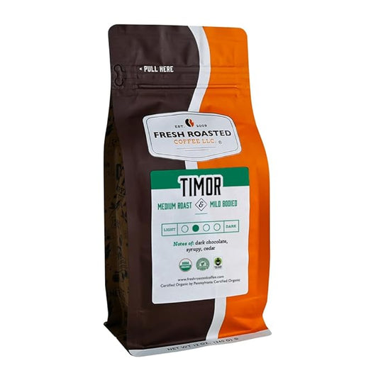 Fresh Roasted Coffee, Fair Trade Organic Timor, 12 oz, Medium Roast, Kosher RFA, Whole Bean