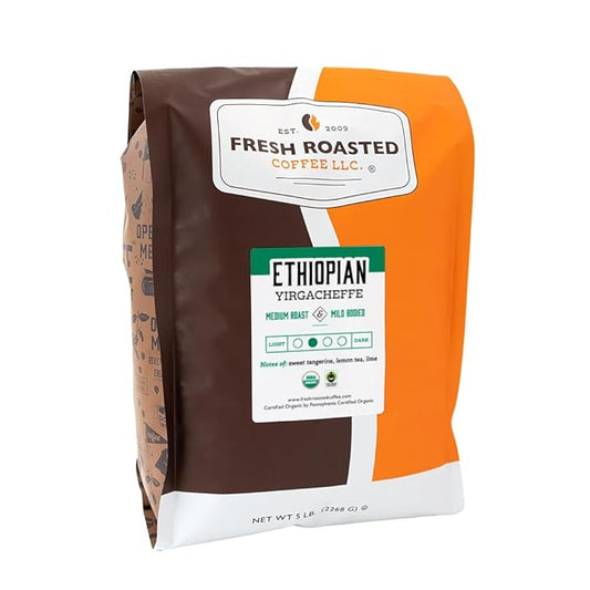 Fresh Roasted Coffee, Fair Trade Organic Ethiopian Yirgacheffe, 5 lb (80 oz), Medium Roast, Mold & Mycotoxin Tested Kosher, Whole Bean