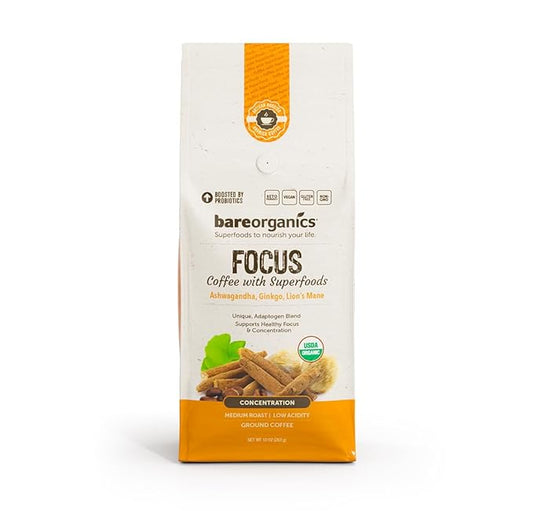 BareOrganics Artisan Ground FOCUS Bagged Coffee with Superfoods, Medium Roast, Non-GMO & Gluten-free, Ginkgo, Ashwagandha & Lion’s Mane Mushrooms, 10 oz