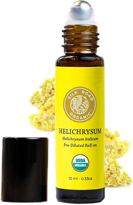 Organic Helichrysum Italicum Essential Oil Roll On, 100% Pure USDA Certified Aromatherapy for Skin Vitality & Anti-Aging - 10 ml Roller by Silk Road Organic - Always Pure, Always Organic