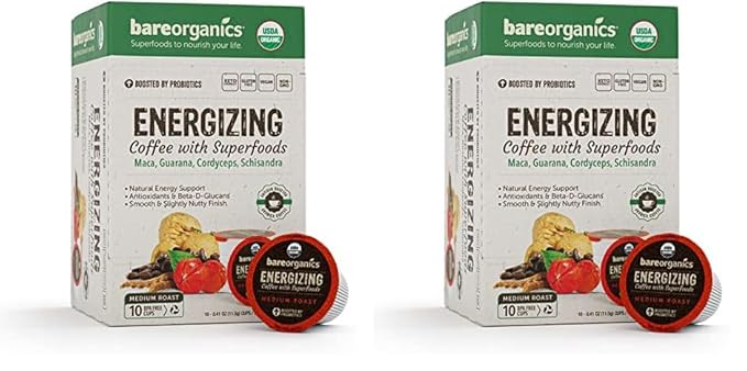 BareOrganics 13214 ENERGIZING USDA Organic Coffee Infused with Superfoods & Probiotics, Organic Coffee Pods, Keurig K-Cup Compatible Organic Coffee Pods, Vegan, Gluten Free, 10 Single (Pack of 2)