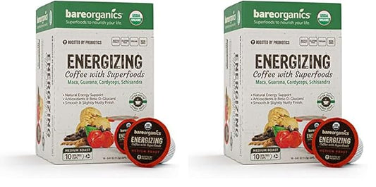 BareOrganics 13214 ENERGIZING USDA Organic Coffee Infused with Superfoods & Probiotics, Organic Coffee Pods, Keurig K-Cup Compatible Organic Coffee Pods, Vegan, Gluten Free, 10 Single (Pack of 2)