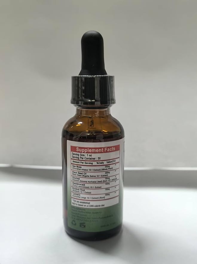 Sea Moss Black Seed Oil Soursop Liquid Drops with Bladderwrack Burdock Root Turmeric - Multimineral & Vitamins Superfood Drops Organic Non-GMO for Immune & Digestive & Cell Support Skin Hair