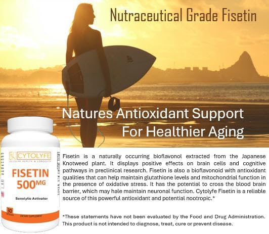 Fisetin 500mg 98% Pure Fisetin 500mg Therapeutic Dose 30 Capsules Senolytic Activator Anti-Aging Longevity