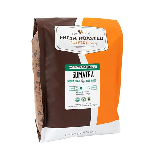 Fresh Roasted Coffee,100% Organic Sumatra | 5 lb (80 oz) | Single Origin | Medium Roast | RFA Kosher | Whole Bean