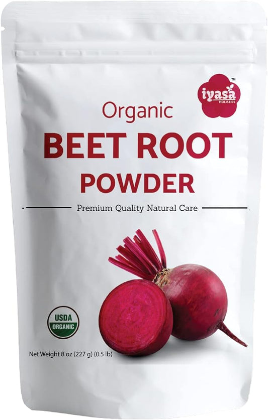 Iyasa Organic Beet Root Powder, Plant Based, Vegan, Gluten-Free, Beetroot Superfood, Nitric Oxide Boost, Blood Circulation Support, Pre Post Workout, Baking and Cooking 8 oz 223 gm