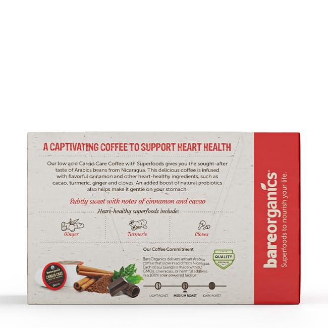 BareOrganics 13313 Cardio Care USDA Organic Coffee Pods, Compatible Organic Coffee Pods, Infused with Superfoods & Probiotics, Vegan Friendly, Gluten Free, 10 Single Serve Cups