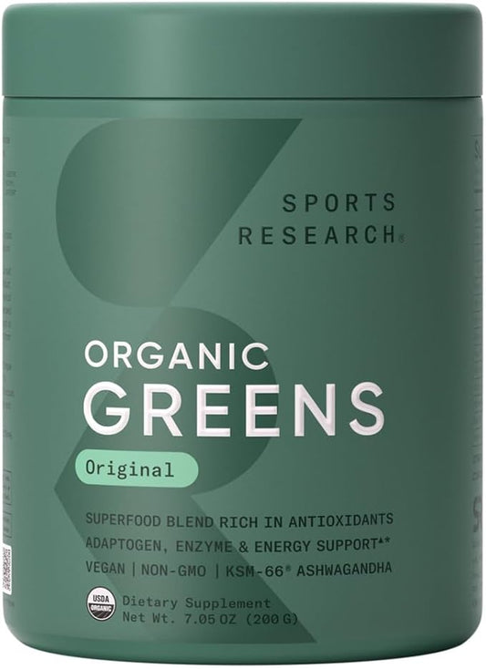 Sports Research® Organic Greens Superfood Powder w/Spirulina & Chlorella, Adaptogens, Enzymes, Probiotics & B Vitamins for Gut & Mood Support* - Vegan, Sugar-Free & Low Cal - 20 Servings