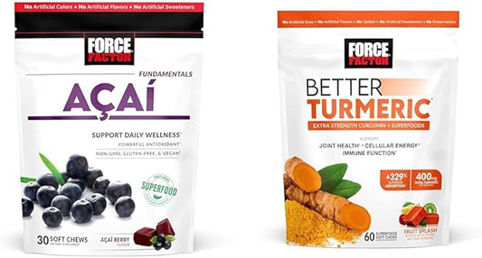 Force Factor Acai Soft Chews for Immune Support and Better Turmeric Joint Support Supplement with HydroCurc Turmeric Curcumin, 30 and 60 Soft Chews