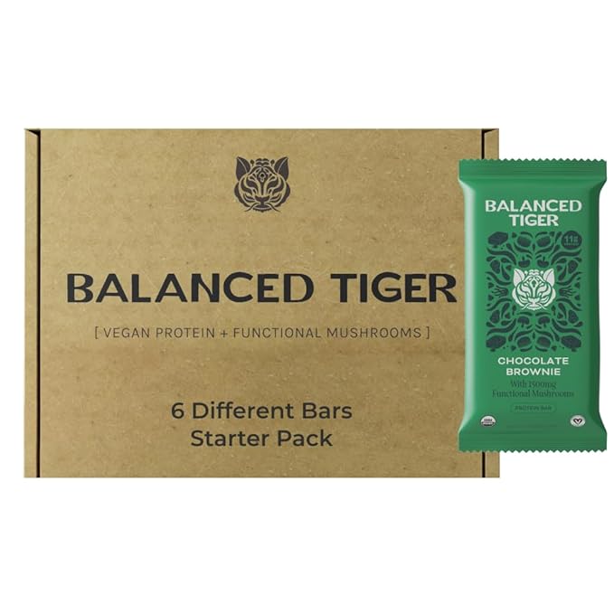 Organic Functional Mushroom Vegan Protein Bars | Made in USA | Full Dose (1500mg) Lions Mane, Chaga, Reishi & Cordyceps Bars | Plant Protein Bars w/Adaptogens & Superfoods | 6 Bars Sampler Pack