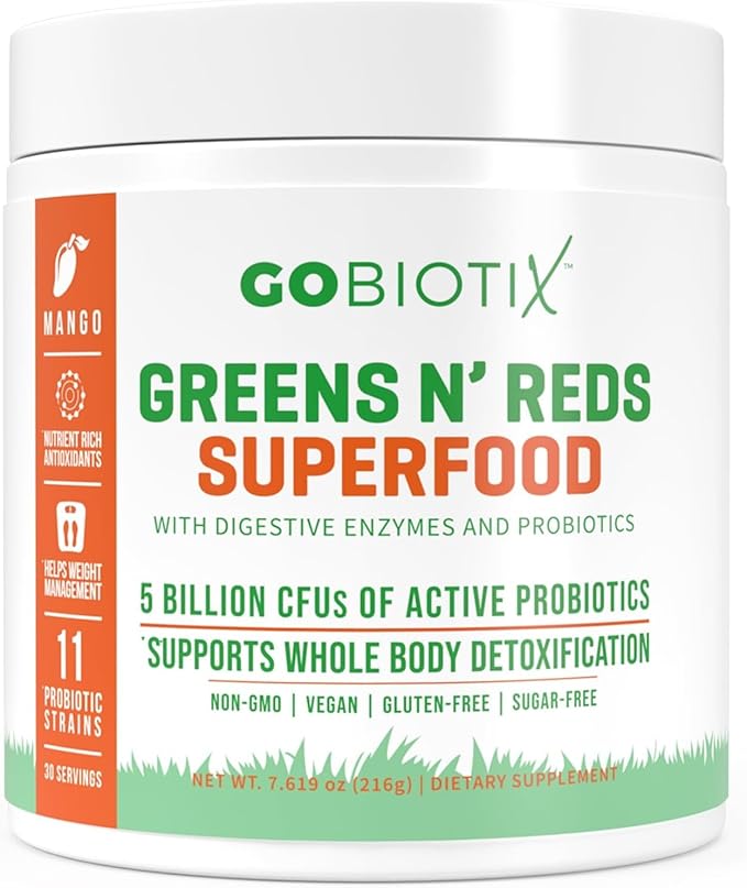 GOBIOTIX Super Greens and Reds Powder - Red and Green Superfood - Probiotic Supplement - Digestive Enzymes and Beet Root Powder - Organic Whole Foods Dietary Supplement (Mango, 1 Pack)