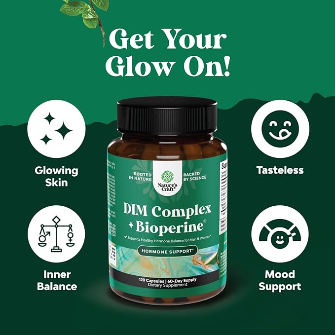 Extra Strength DIM Supplement for Men & Women - DIM + Bioperine Complex for Hormone Balance - Diindolylmethane with Calcium D-Glucarate & Broccoli Florets for Radiant Skin & Mood Support - 120 Count
