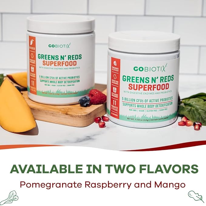 GOBIOTIX Super Greens and Reds Powder - Red and Green Superfood - Probiotic Supplement - Digestive Enzymes and Beet Root Powder - Organic Whole Foods Dietary Supplement (Pom Raspberry, 2 Pack)