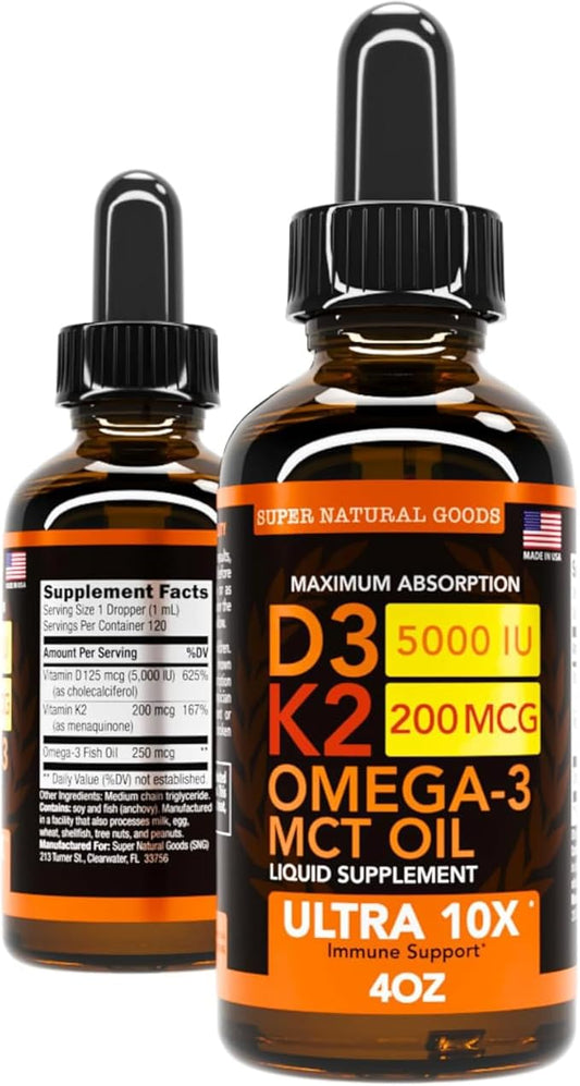 Vitamin D3 K2 Liquid Drops 5000 IU (4oz) Maximum Strength Vitamin D, K, MCT Oil & Omega 3 Bone, Heart, Joint, Muscle Support Supplement. Fast Absorption Formula. 4 in 1 Complex Formula Non-GMO
