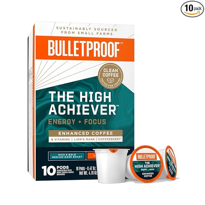 Bulletproof The High Achiever Single-Serve Pods, 10 count, Medium-Dark Roast Enhanced Coffee with Lion's Mane Mushroom, B Vitamins, and Adaptogens for Energy and Focus