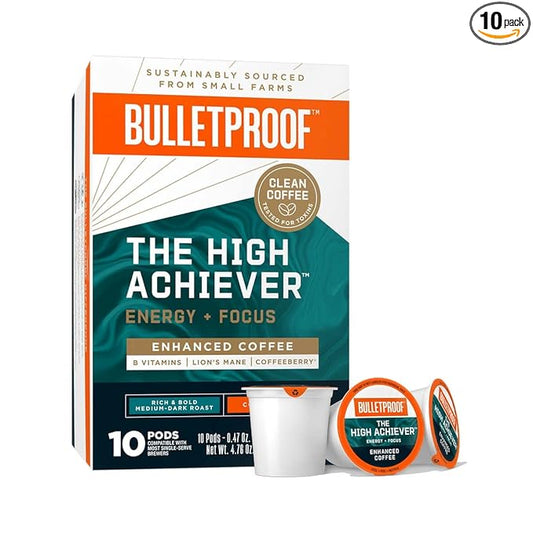 Bulletproof The High Achiever Single-Serve Pods, 10 count, Medium-Dark Roast Enhanced Coffee with Lion's Mane Mushroom, B Vitamins, and Adaptogens for Energy and Focus