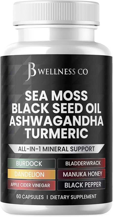 Sea Moss 3000mg Black Seed Oil 2000mg Ashwagandha 1000mg Turmeric 1000mg Bladderwrack 1000mg Burdock 1000mg & D3 with 60 Count
