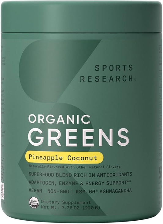 Sports Research® Organic Greens Superfood Powder w/Spirulina & Chlorella, Adaptogens, Enzymes, Probiotics & 8 VIT Bs for Gut & Mood Support* - Vegan, Sugar-Free & Low-Cal Pineapple Coconut 20