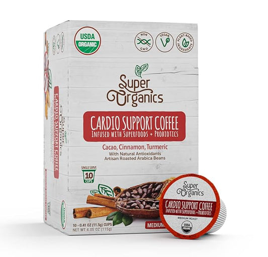 Super Organics Cardio Support Coffee Brew Cups With Superfoods & Probiotics Keurig K-Cup Compatible Cardiovascular Health Medium Roast, USDA Certified Organic, Vegan Coffee, 10ct