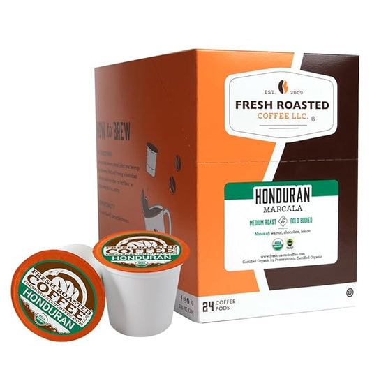 Fresh Roasted Coffee, Organic Honduran Marcala, Medium Roast, 24 Pods for K Cup Brewers