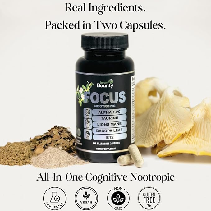 Focus 14-in-1 Nootropic Brain Supplement B12, Taurine, 60 Filler