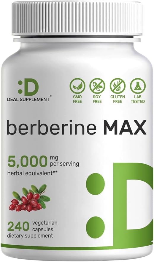 DEAL SUPPLEMENT Berberine Max Supplement with Turmeric, 5,000mg Per Serving, 240 Veggie Capsules – 97% Pure Berberine HCL – 25:1 Root Extract – Vegetarian Friendly, Non-GMO