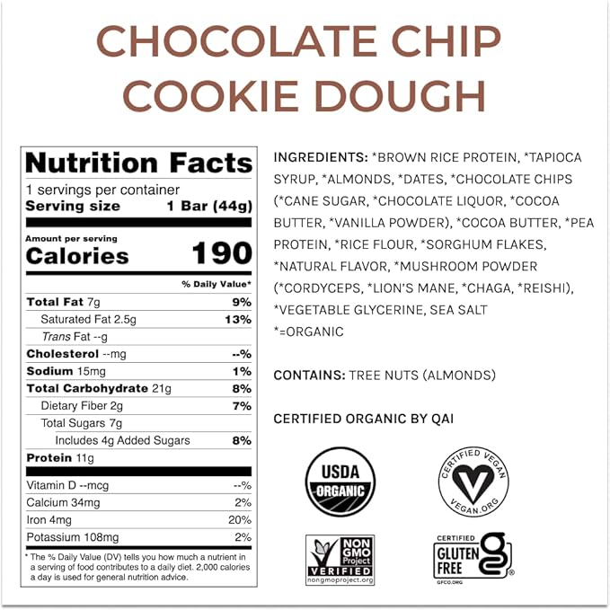 Organic Functional Mushroom Vegan Protein Bars | Made in USA | Full Dose (1500mg) Lions Mane, Chaga, Reishi & Cordyceps Bars | Plant Protein Bars w/ Adaptogens & Superfoods | Chocolate Chip Cookie Dough