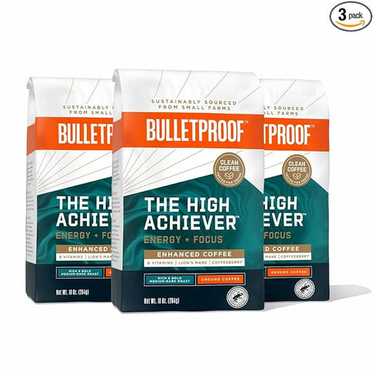 Bulletproof The High Achiever Ground Coffee, 10 Ounces (Pack of 3), Medium-Dark Roast Enhanced Coffee with Lion's Mane Mushroom, B Vitamins, and Adaptogens for Energy and Focus