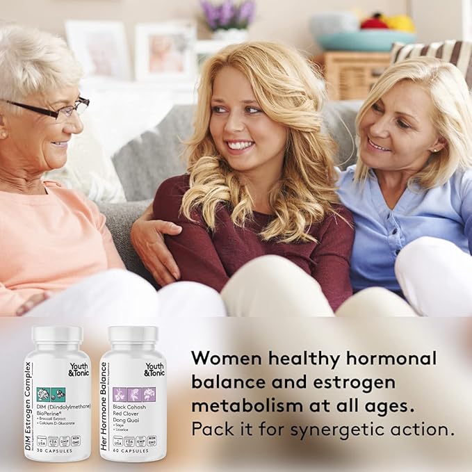 Youth & Tonic DIM BioPerine for Estrogen Metabolism Support | Women and Men Hormone Balance with Excess Estrogen Blocker | Diindolylmethane Supplement - 30 Pills