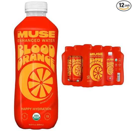 MyMuse Organic Enhanced Flavored Water, Blood Orange, 16.9 Fl Oz Bottle (12 pack), 1G of Sugar, Immune Support with Zinc & Elderberry, Antioxidants Vitamin E, Low Calories, USDA organic