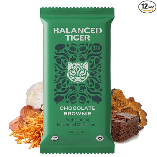 Organic Functional Mushroom Vegan Protein Bars | Made in USA | Full Dose (1500mg) Lions Mane, Chaga, Reishi & Cordyceps Bars | Plant Protein Bars w/Adaptogens & Superfoods | Chocolate Brownie Flavor