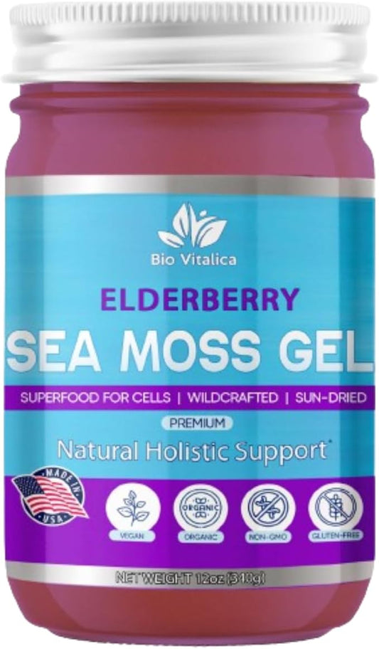 Sea Moss Gel by BioVitalica - Irish sea Moss raw Organic - Premium Quality - Dr Sebi, Vegan superfood for Cells - 100% Natural Seamoss Gel - (Pack of 1, Elderberry)