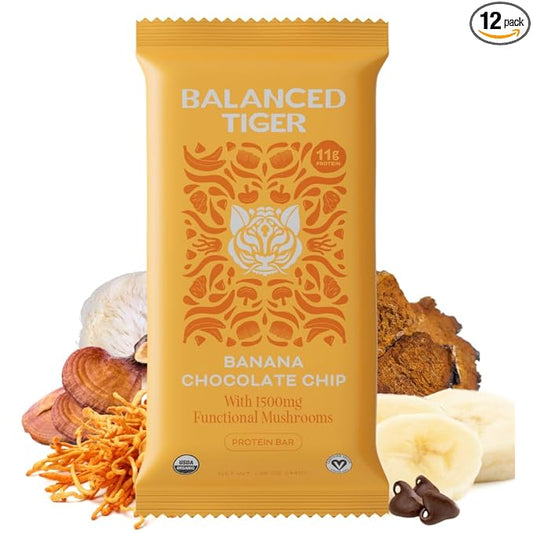 Organic Functional Mushroom Vegan Protein Bars | Made in USA | Full Dose (1500mg) Lions Mane, Chaga, Reishi & Cordyceps Bars | Plant Protein Bars w/ Adaptogens & Superfoods | Banana Chocolate Chip Flavor