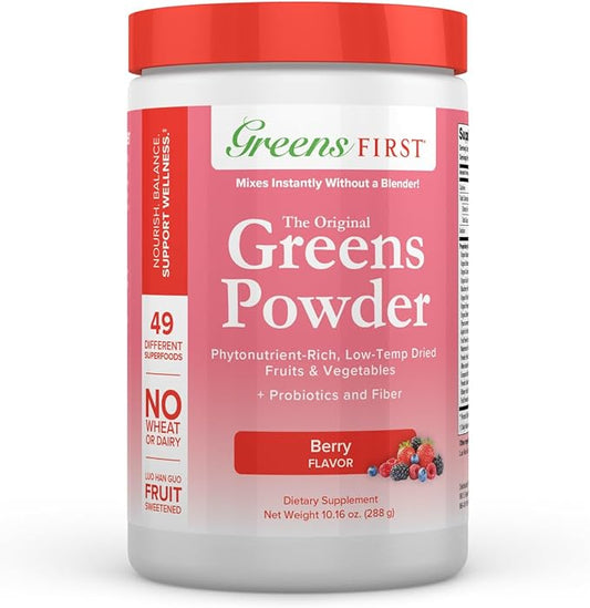 Greens First Original Greens Powder - 49 Superfoods - Organic Fruits & Veggies - Prebiotics, Probiotics & Digestive Enzymes - Antioxidant Smoothie - Dairy Free, Vegan & Non-GMO (Berry, 30 Servings)