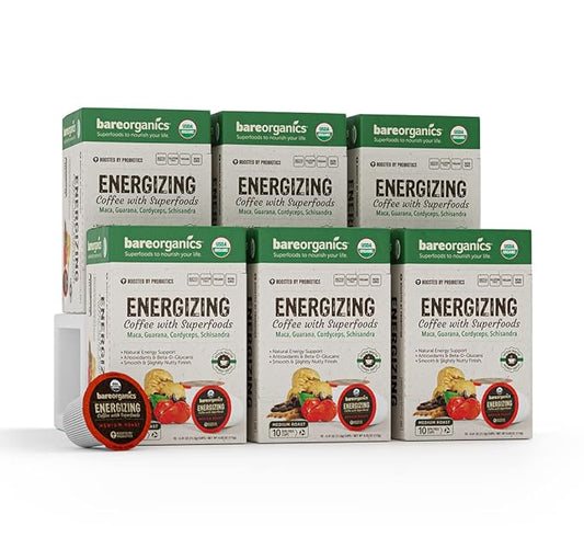 Bare Organics 14198 ENERGIZING USDA Organic Coffee Infused with Superfoods & Probiotics, Organic Coffee Pods, Compatible Organic Coffee Pods, Vegan, Gluten Free, 10ct (Pack of 6)