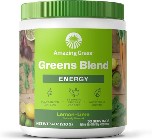 Amazing Grass Green Superfood Energy: Smoothie Mix, Super Greens Powder & Plant Based Caffeine with Green Tea and Flax Seed, Nootropics Support, Lemon Lime, 30 Servings