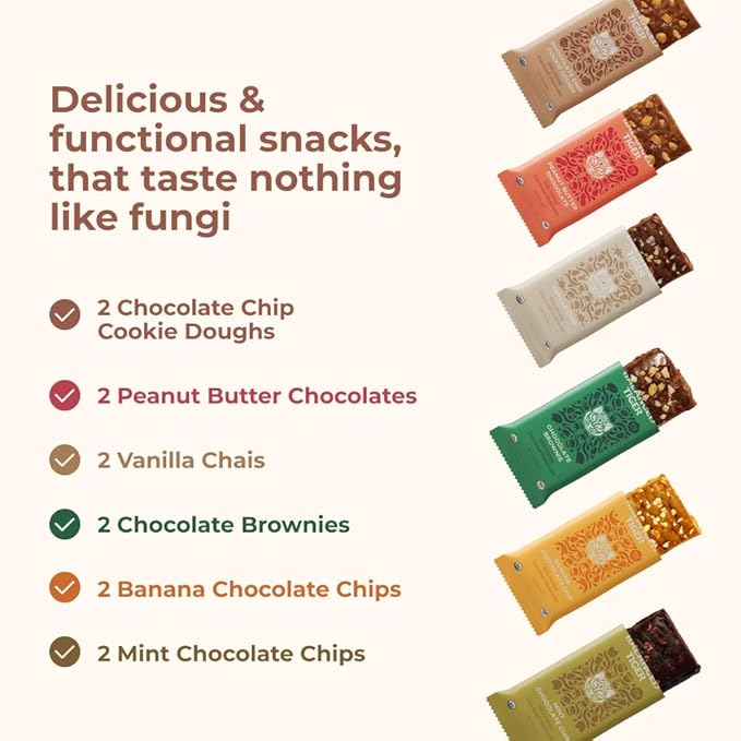 Organic Functional Mushroom Vegan Protein Bars | Made in USA | Full Dose (1500mg) Lions Mane, Chaga, Reishi & Cordyceps Bars | Plant Protein Bars w/Adaptogens & Superfoods | 12 Bars Variety Box