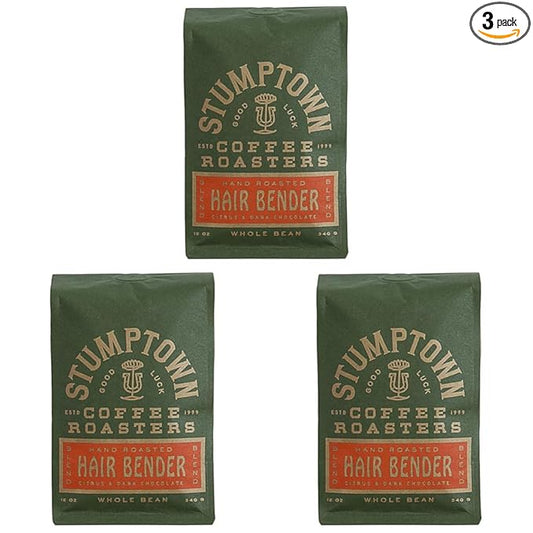 Stumptown Coffee Roasters, Medium Roast Whole Bean Coffee - Hair Bender 12 Ounce Bag with Flavor Notes of Citrus and Dark Chocolate (Pack of 3)