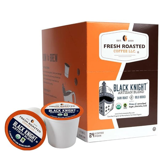 Fresh Roasted Coffee, Organic Black Knight, Dark Roast, 24 Pods for K Cup Brewers