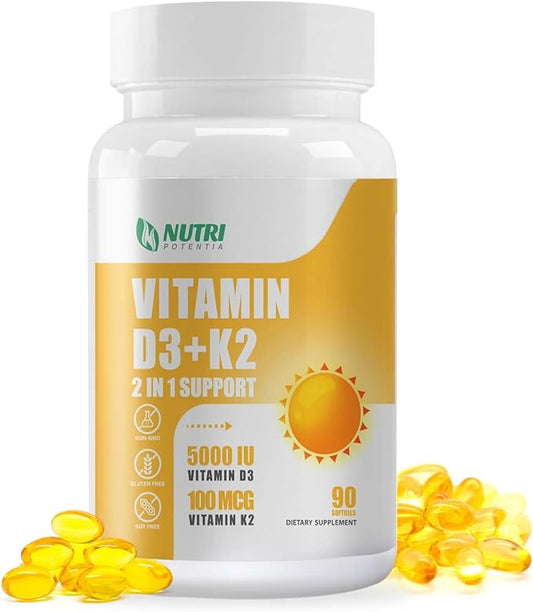 Vitamin D3 K2 Supplement with MCT Oil, Vitamin D3 5000 IU and K2 100 mcg Softgel, Bone and Heart Health Support Supplement, Gluten Free - 90 Count Softgels