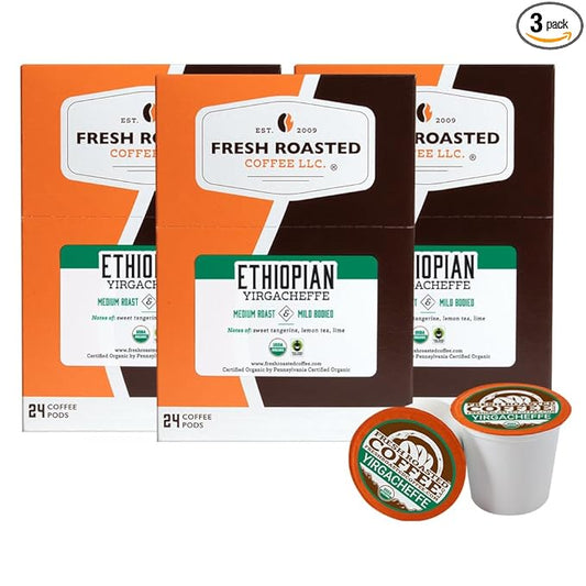 Fresh Roasted Coffee, Organic Ethiopian Yirgacheffe, Medium Roast, Mold & Mycotoxin Tested, 72 Pods for K Cup Brewers