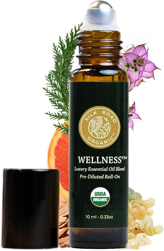 Organic Wellness Essential Oil Vitality Blend Roll On - 100% Pure USDA Certified Frankincense, Cypress, Cedarwood, Clary Sage, Orange - Thrive Naturally, 10 ml Roller by Silk Road Organic