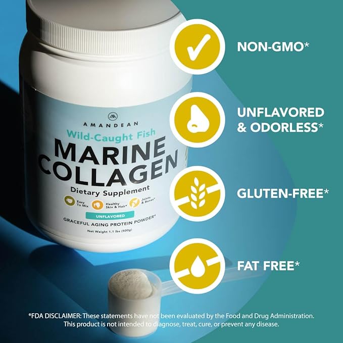 AMANDEAN Premium Anti-Aging Marine Collagen Peptides 500g Wild-Caught 1 & 3 Collagen 18 Amino