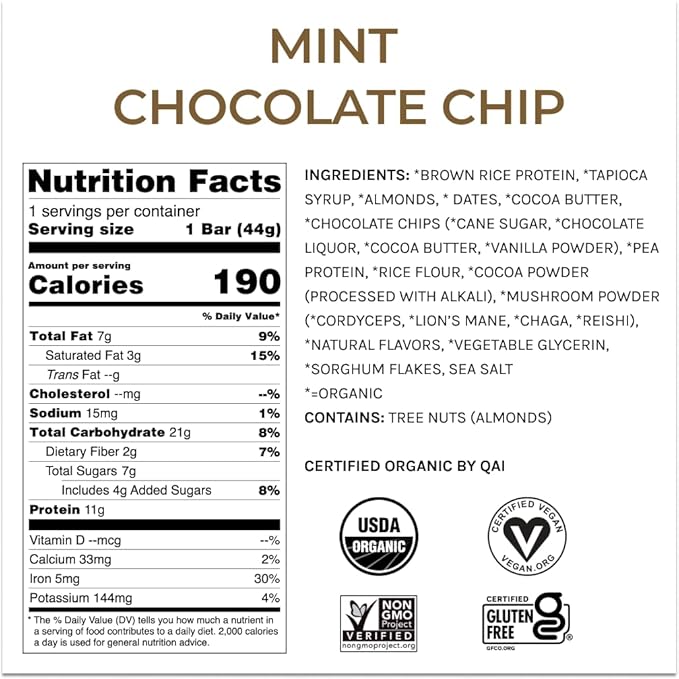 Organic Functional Mushroom Vegan Protein Bars | Made in USA | Full Dose (1500mg) Lions Mane, Chaga, Reishi & Cordyceps Bars | Plant Protein Bars w/ Adaptogens & Superfoods | Mint Chocolate Chip Flavor