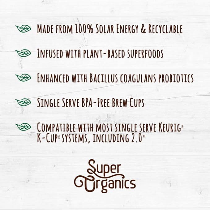Super Organics Focus Support Coffee Brew Cups With Superfoods & Probiotics Keurig K-Cup Compatible Focus and Adaptogens Medium Roast, USDA Certified, Vegan, Non-GMO Coffee, 60ct
