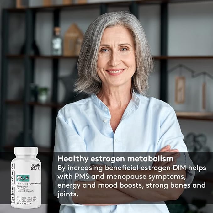 Youth & Tonic DIM BioPerine for Estrogen Metabolism Support | Women and Men Hormone Balance with Excess Estrogen Blocker | Diindolylmethane Supplement - 30 Pills